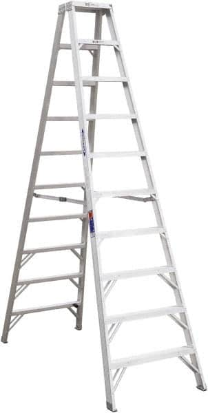 Werner - 9 Steps, 10' High, Type IA Rating, Aluminum Step Ladder - 300 Lb Capacity, 28-3/4" Base Width - Benchmark Tooling