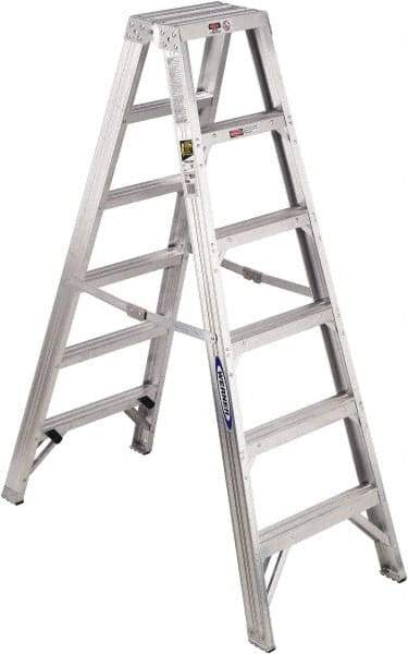 Werner - 5 Steps, 6' High, Type IAA Rating, Aluminum Step Ladder - 375 Lb Capacity, 24-3/4" Base Width - Benchmark Tooling