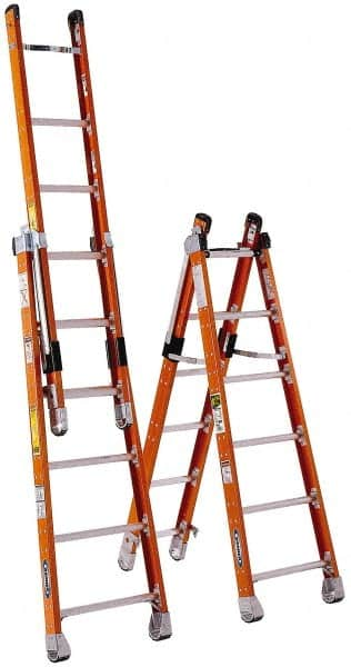 Werner - 7 Steps, 7' High, Type IAA Rating, Fiberglass Multi-Use Ladder - 375 Lb Capacity, 24-1/4" Base Width - Benchmark Tooling