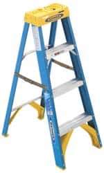 Werner - 3 Steps, 4' High, Type I Rating, Fiberglass Step Ladder - 250 Lb Capacity, 19" Base Width - Benchmark Tooling