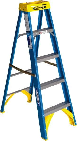 Werner - 4 Steps, 5' High, Type I Rating, Fiberglass Step Ladder - 250 Lb Capacity, 20-1/2" Base Width - Benchmark Tooling