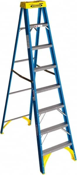 Werner - 7 Steps, 8' High, Type I Rating, Fiberglass Step Ladder - 250 Lb Capacity, 25" Base Width - Benchmark Tooling