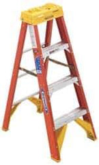 Werner - 3 Steps, 4' High, Type IA Rating, Fiberglass Step Ladder - 300 Lb Capacity, 19-7/8" Base Width - Benchmark Tooling