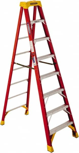 Werner - 8 Steps, 8' High, Type IA Rating, Fiberglass Step Ladder - 300 Lb Capacity, 26-7/8" Base Width - Benchmark Tooling