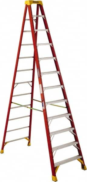 Werner - 11 Steps, 12' High, Type IA Rating, Fiberglass Step Ladder - 300 Lb Capacity, 33-7/8" Base Width - Benchmark Tooling