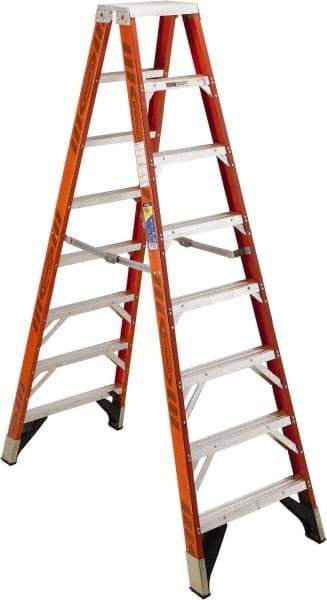 Werner - 7 Steps, 8' High, Type IAA Rating, Fiberglass & Aluminum Step Ladder - 375 Lb Capacity, 28-1/8" Base Width - Benchmark Tooling