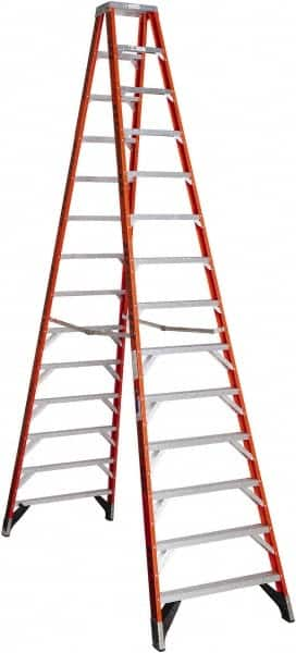 Werner - 13 Steps, 14' High, Type IA Rating, Fiberglass & Aluminum Step Ladder - 300 Lb Capacity, 38-5/8" Base Width - Benchmark Tooling