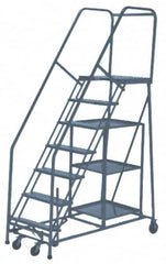 PW Platforms - 7 Step Ladder - Rolling Safety Stock Picking Ladder, 300 Lb Capacity, 70" Platform Height, 32" Base Width x 62" Base Depth, Perforated Tread - Benchmark Tooling