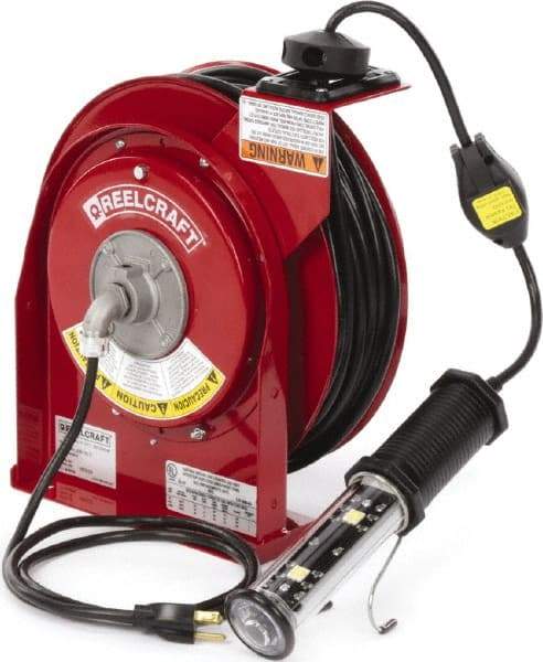 Reelcraft - 16 AWG, 50' Cable Length, Cord & Cable Reel with LED Light End - 1 Outlet, NEMA 5-15R, 13 Amps, 125 Volts, SJTOW Cable, Red Reel, Spring Driven Reel - Benchmark Tooling