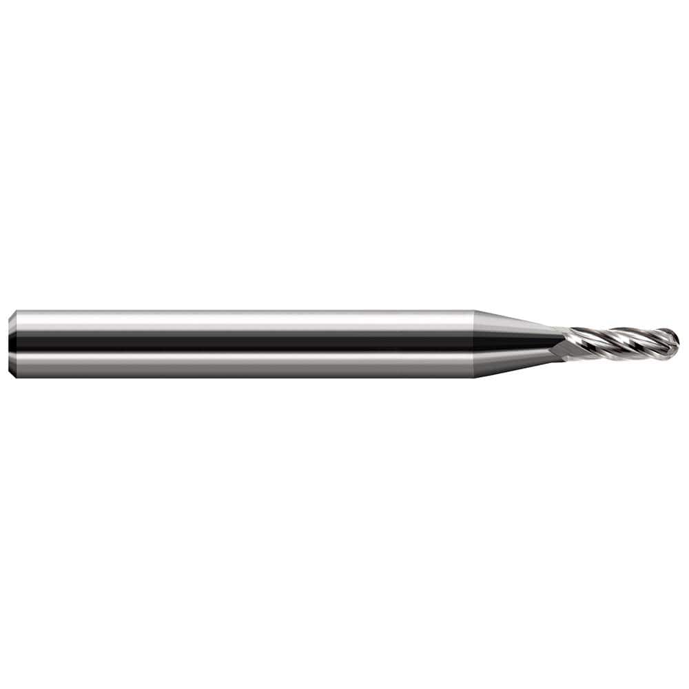 Harvey Tool - Ball End Mills; Mill Diameter (Decimal Inch): 0.0050 ; Number of Flutes: 4 ; Length of Cut (Inch): 1/64 ; Length of Cut (Decimal Inch): 0.0150 ; Material: Solid Carbide ; Overall Length (Inch): 1-1/2