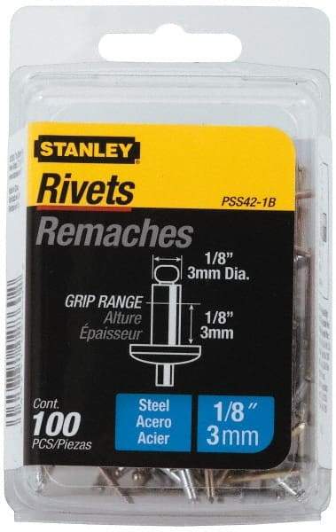 Stanley - Steel Color Coded Blind Rivet - Steel Mandrel, 0.062" to 1/8" Grip, 1/4" Head Diam, 0.125" to 0.133" Hole Diam, 0.275" Length Under Head, 1/8" Body Diam - Benchmark Tooling