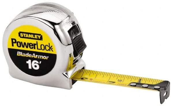 Stanley - 16' x 1" Yellow Blade Tape Measure - 1/32 & 1/16" Graduation, Inch Graduation Style, Silver Case - Benchmark Tooling