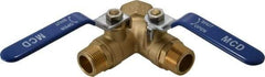 Midwest Control - 3/4 x 1" Pipe, Standard Port, Brass Standard Ball Valve - 2 Piece, Three Way, FNPT x MNPT x MNPT Ends, Lever Handle, 600 WOG, 150 WSP - Benchmark Tooling