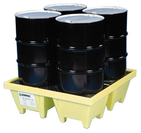 Enpac - 83 Gal Sump, 6,000 Lb Capacity, 4 Drum, Plastic Spill Deck or Pallet - 50" Long x 50" Wide x 13.43" High, Yellow, Liftable Fork, Vertical, 2 x 2 Drum Configuration - Benchmark Tooling