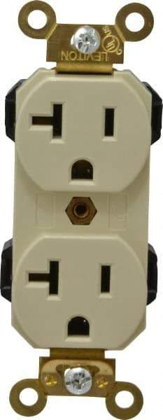 Leviton - 125 VAC, 20 Amp, 5-20R NEMA Configuration, Ivory, Industrial Grade, Self Grounding Duplex Receptacle - 1 Phase, 2 Poles, 3 Wire, Flush Mount, Impact and Tamper Resistant - Benchmark Tooling