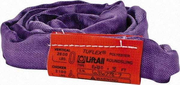 Lift-All - 3' Long x 3" Wide, 2,600 Lb Vertical Capacity, Polyester Web Sling - 2,100 Lb Choker Capacity, 5/8" Diam Chain, Purple - Benchmark Tooling