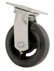 Fairbanks - 6" Diam x 2" Wide x 7-1/2" OAH Top Plate Mount Swivel Caster - Rubber, 500 Lb Capacity, Roller Bearing, 4 x 4-1/2" Plate - Benchmark Tooling