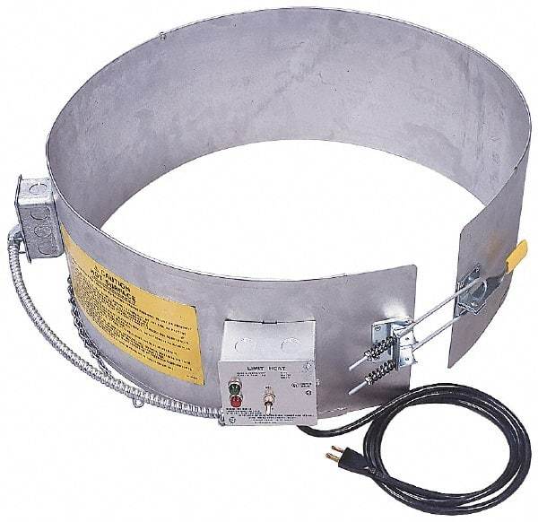 Made in USA - 9-1/4" Wide, 5 Gallon Wrap-Around Drum Heater - 120 Volt, to 800 Watts, 0.9 Amps, 0°F to 165°F Thermostat Rating - Benchmark Tooling