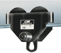 CM - 2 Ton Capacity Wide Range Ball Bearing Trolley - 3-5/8" to 8" Flange Width, 3-15/16" Wheel Diam, 6" to 24" I-Beam, 59" Min Radius - Benchmark Tooling