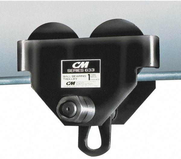 CM - 1 Ton Capacity Wide Range Ball Bearing Trolley - 3" to 8" Flange Width, 3-15/32" Wheel Diam, 5" to 24" I-Beam, 35" Min Radius - Benchmark Tooling