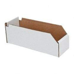 Made in USA - 12" Deep, White Corrugated Cardboard Hopper Shelf Bin - 4" High x 4" Wide x 12" Long - Benchmark Tooling