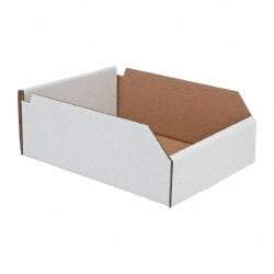 Made in USA - 12" Deep, White Corrugated Cardboard Hopper Shelf Bin - 4" High x 8" Wide x 12" Long - Benchmark Tooling