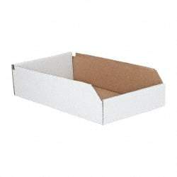 Made in USA - 18" Deep, White Corrugated Cardboard Hopper Shelf Bin - 4" High x 10" Wide x 18" Long - Benchmark Tooling