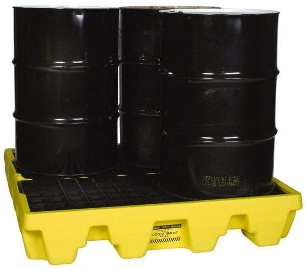 Eagle - 66 Gal Sump, 8,000 Lb Capacity, 4 Drum, Polyethylene Spill Deck or Pallet - 51-1/2" Long x 51-1/2" Wide x 8" High, Yellow, Liftable Fork, Drain Included, Low Profile, Vertical, 2 x 2 Drum Configuration - Benchmark Tooling