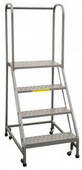 PW Platforms - 4 Step Ladder - Rolling Safety Ladder, 300 Lb Capacity, 40" Platform Height, 20" Base Width x 34" Base Depth, Perforated Tread - Benchmark Tooling