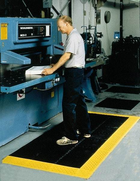 Notrax - 10' Long, Dry/Wet Environment, Anti-Fatigue Matting - Black with Yellow Borders, Vinyl with Vinyl Base, Beveled on 3 Sides - Benchmark Tooling