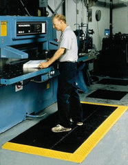 Notrax - 10' Long, Dry/Wet Environment, Anti-Fatigue Matting - Black with Yellow Borders, Vinyl with Vinyl Base, Beveled on 3 Sides - Benchmark Tooling
