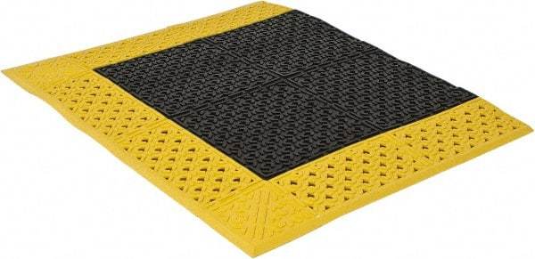 Notrax - 3' Long, Dry/Wet Environment, Anti-Fatigue Matting - Black with Yellow Borders, Vinyl with Vinyl Base, Beveled on 3 Sides - Benchmark Tooling