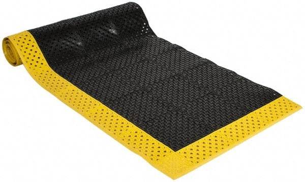 Notrax - 10' Long, Dry/Wet Environment, Anti-Fatigue Matting - Black with Yellow Borders, Vinyl with Vinyl Base, Beveled on 3 Sides - Benchmark Tooling