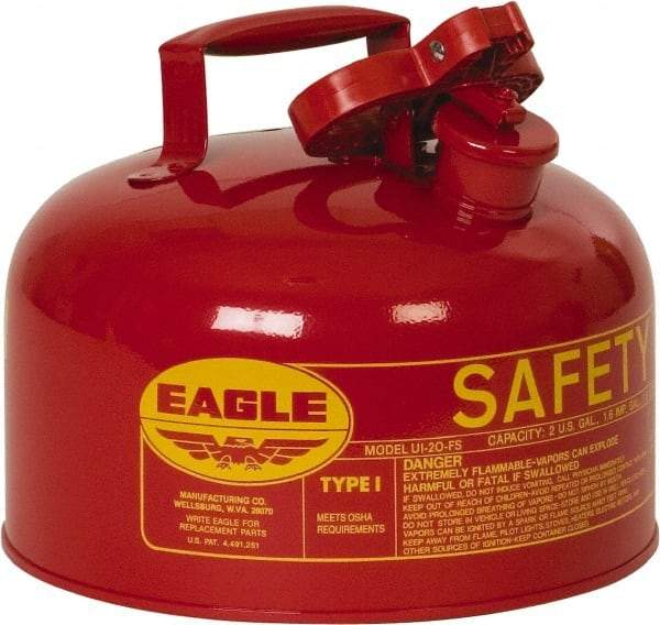 Eagle - 2 Gal Galvanized Steel Type I Safety Can - 9-1/2" High x 11-1/4" Diam, Red with Yellow - Benchmark Tooling