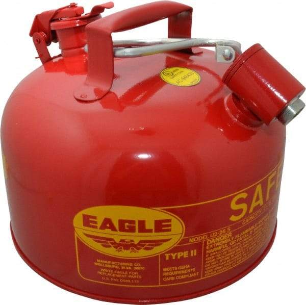 Eagle - 2 Gal Galvanized Steel Type II Safety Can - 9-1/2" High x 11-1/4" Diam, Red with Yellow - Benchmark Tooling