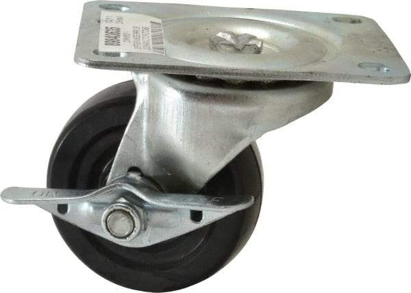 Value Collection - 3" Diam x 1-1/4" Wide x 3-13/16" OAH Top Plate Mount Swivel Caster with Brake - Soft Rubber, 175 Lb Capacity, Self-Lubricating Bearing, 3-1/8 x 4-1/8" Plate - Benchmark Tooling