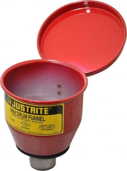 Justrite - 4-1/2" High x 4-1/2" Diam, Galvanized Steel, Manual Closing Pail Funnel with Flame Arrester - 1" Arrester/Tube Length, 5 Gal Drum/Pail Capacity - Benchmark Tooling