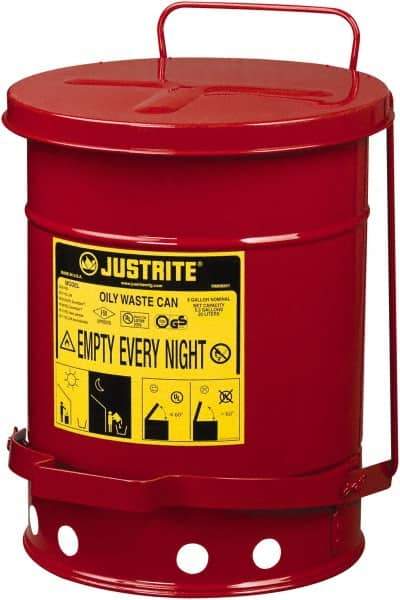 Justrite - 6 Gallon Capacity, Galvanized Steel Disposal Can - 11-7/8 Inch Wide/Diameter x 15-7/8 Inch High, Red, Foot Operated, Approved FM and UL - Benchmark Tooling