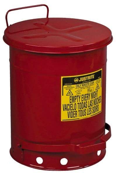 Justrite - 10 Gallon Capacity, Galvanized Steel Disposal Can - 13-15/16 Inch Wide/Diameter x 18-1/4 Inch High, Red, Foot Operated, Approved FM and UL - Benchmark Tooling