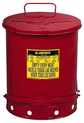 Justrite - 14 Gallon Capacity, Galvanized Steel Disposal Can - 16-1/16 Inch Wide/Diameter x 20-1/4 Inch High, Red, Foot Operated, Approved FM and UL - Benchmark Tooling