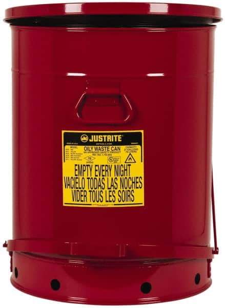 Justrite - 21 Gallon Capacity, Galvanized Steel Disposal Can - 18-3/8 Inch Wide/Diameter x 23-7/16 Inch High, Red, Foot Operated, Approved FM and UL - Benchmark Tooling