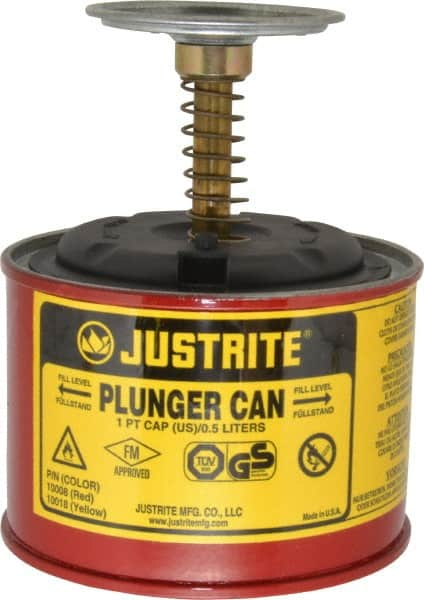 Justrite - 1 Pint Capacity, 5-1/4 Inch High x 4-7/8 Inch Diameter, Steel Plunger Can - 2-3/4 Inch Dasher Diameter, Red, Approval Listing/Regulation FM - Benchmark Tooling