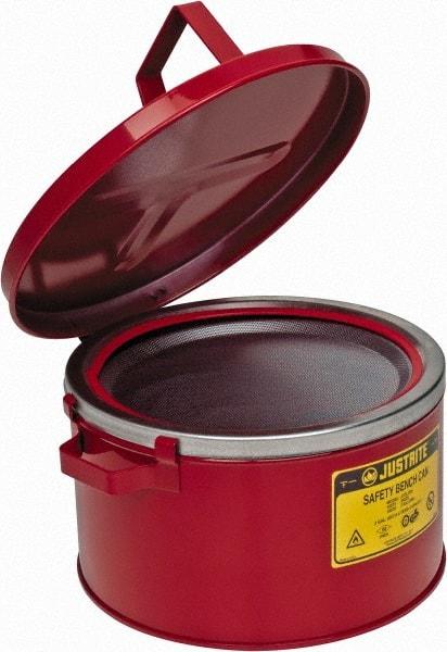 Justrite - 2 Gallon Capacity, Coated Steel, Red Bench Can - 5-7/8 Inch High x 11-1/2 Inch Diameter, 9-3/4 Inch Dasher Diameter - Benchmark Tooling