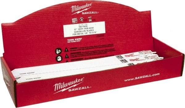 Milwaukee Tool - 12" Long x 3/4" Thick, Bi-Metal Reciprocating Saw Blade - Straight Profile, 18 TPI, Toothed Edge, Universal Shank - Benchmark Tooling