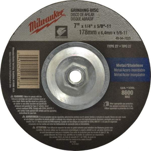 Milwaukee Tool - 24 Grit, 7" Wheel Diam, 1/4" Wheel Thickness, Type 27 Depressed Center Wheel - Aluminum Oxide, Resinoid Bond, R Hardness, 8,600 Max RPM, Compatible with Angle Grinder - Benchmark Tooling