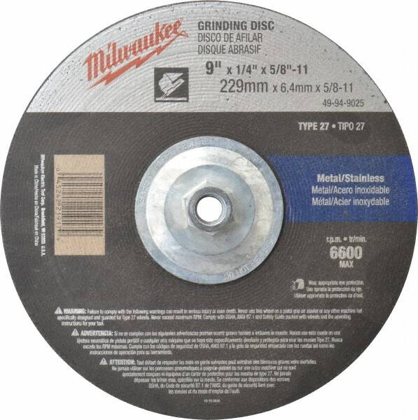 Milwaukee Tool - 24 Grit, 9" Wheel Diam, 1/4" Wheel Thickness, Type 27 Depressed Center Wheel - Aluminum Oxide, Resinoid Bond, R Hardness, 6,600 Max RPM, Compatible with Angle Grinder - Benchmark Tooling