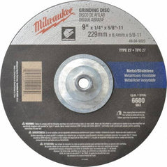 Milwaukee Tool - 24 Grit, 9" Wheel Diam, 1/4" Wheel Thickness, Type 27 Depressed Center Wheel - Aluminum Oxide, Resinoid Bond, R Hardness, 6,600 Max RPM, Compatible with Angle Grinder - Benchmark Tooling