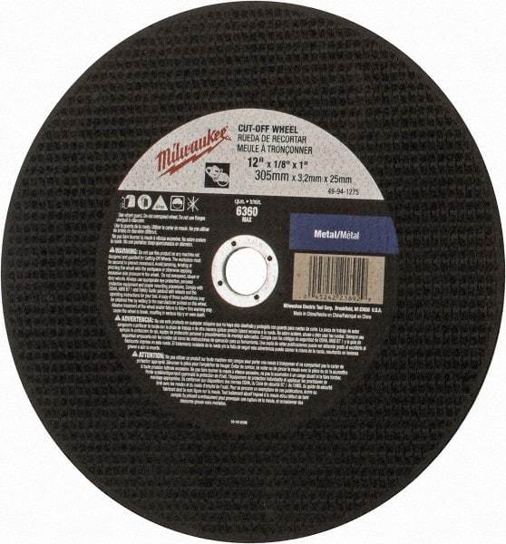 Milwaukee Tool - 12" 24 Grit Aluminum Oxide Cutoff Wheel - 1/8" Thick, 1" Arbor, 6,360 Max RPM, Use with Angle Grinders - Benchmark Tooling