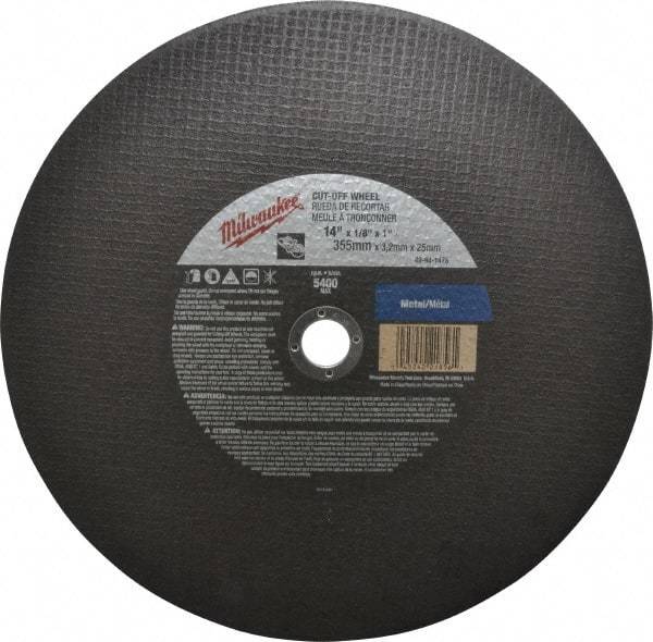 Milwaukee Tool - 14" 24 Grit Aluminum Oxide Cutoff Wheel - 1/8" Thick, 1" Arbor, 5,400 Max RPM, Use with Angle Grinders - Benchmark Tooling