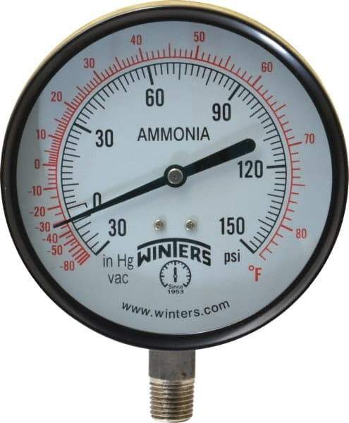 Winters - 4" Dial, 1/4 Thread, 30-0-150 Scale Range, Pressure Gauge - Lower Connection Mount, Accurate to 3-2-3% of Scale - Benchmark Tooling